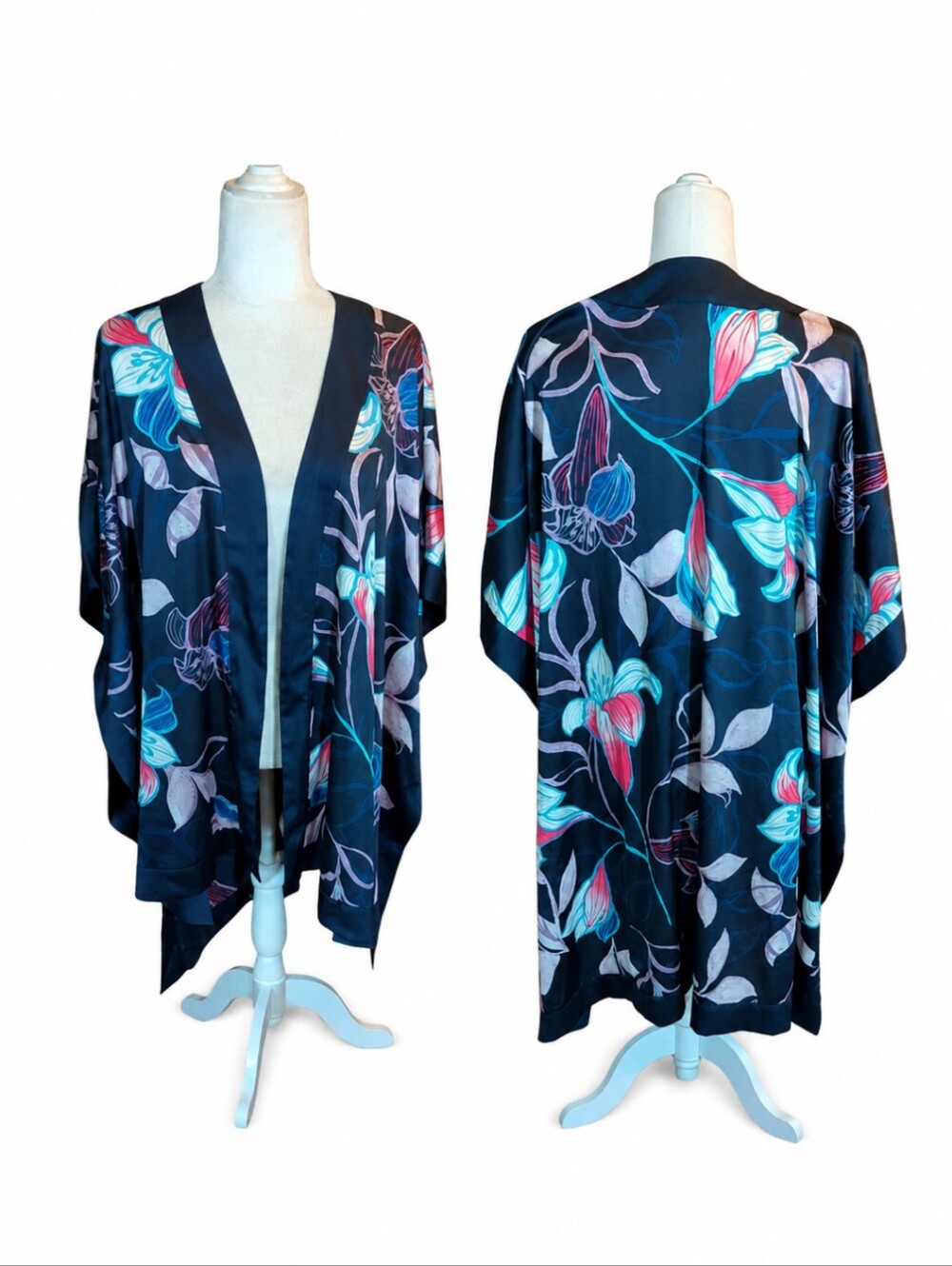 Chico's Navy Floral Colorful Scarf Satin Long Flowy Duster Artsy Kimono Sz L/XL